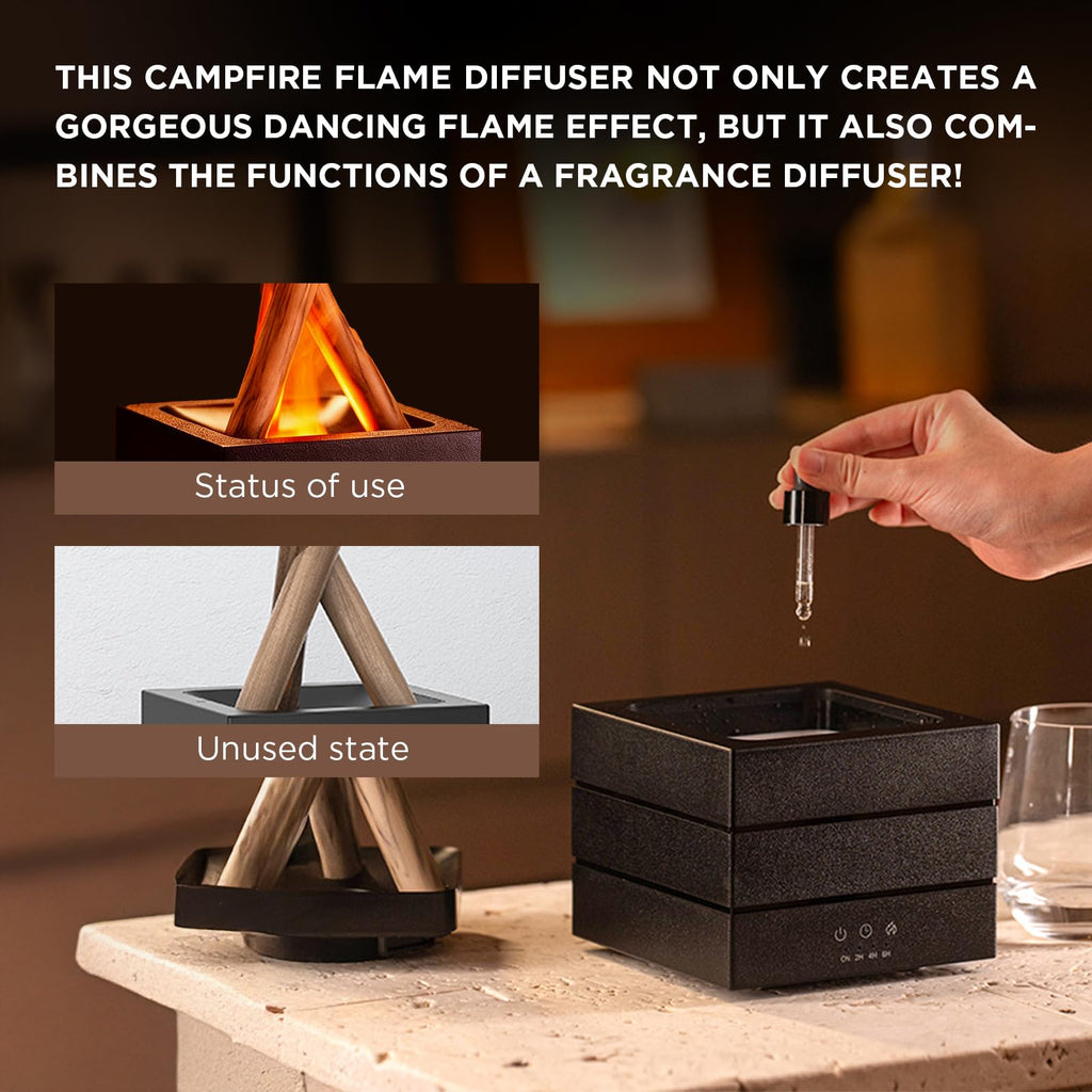 Campfire Flame Diffuser, 280ml Essential Oil Diffuser, 7-Color LED, Timer & Waterless Auto-Off, Quiet Cool Mist for Home Bedroom Office