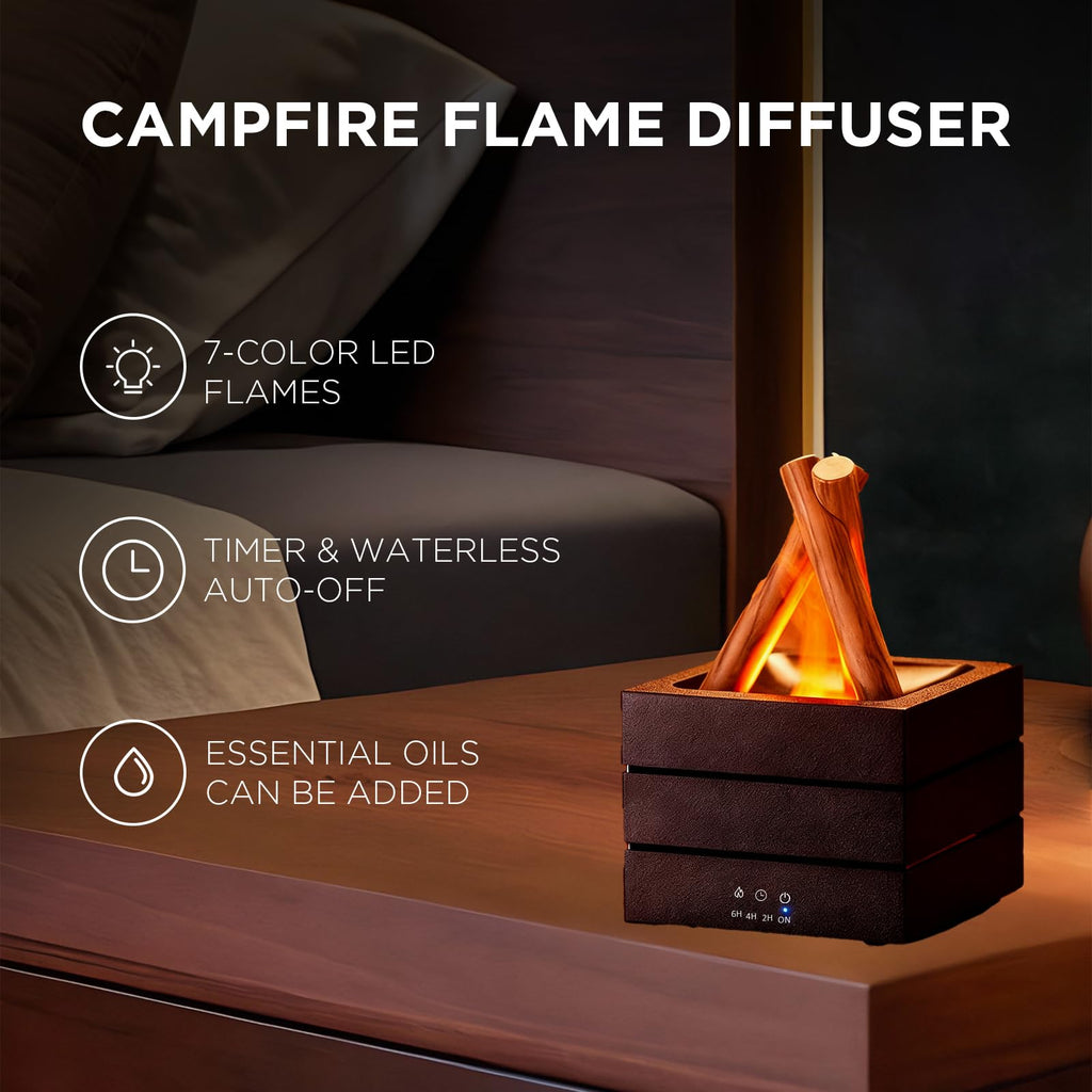 Campfire Flame Diffuser, 280ml Essential Oil Diffuser, 7-Color LED, Timer & Waterless Auto-Off, Quiet Cool Mist for Home Bedroom Office