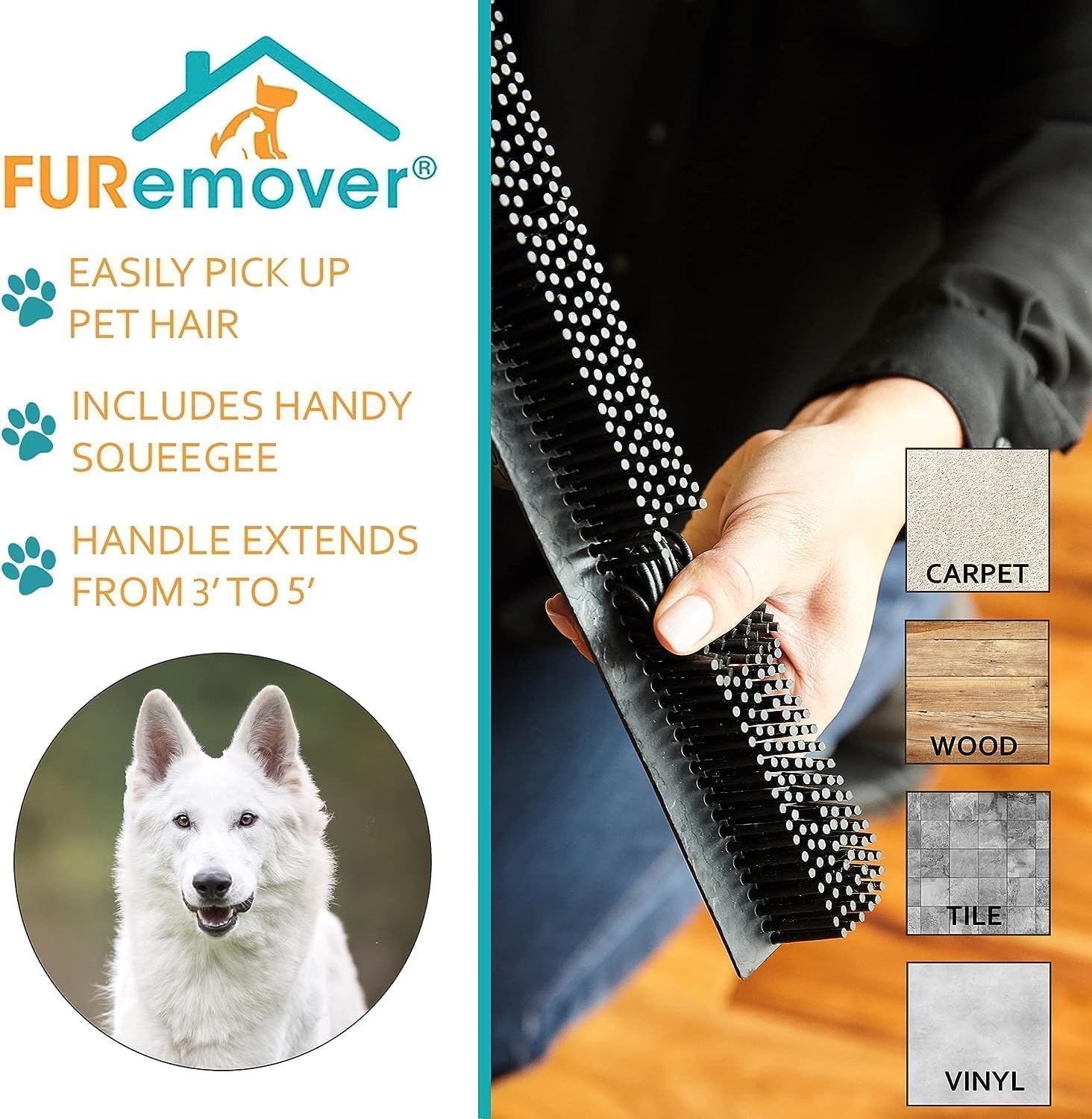 Pet Hair Rubber Broom with Squeegee