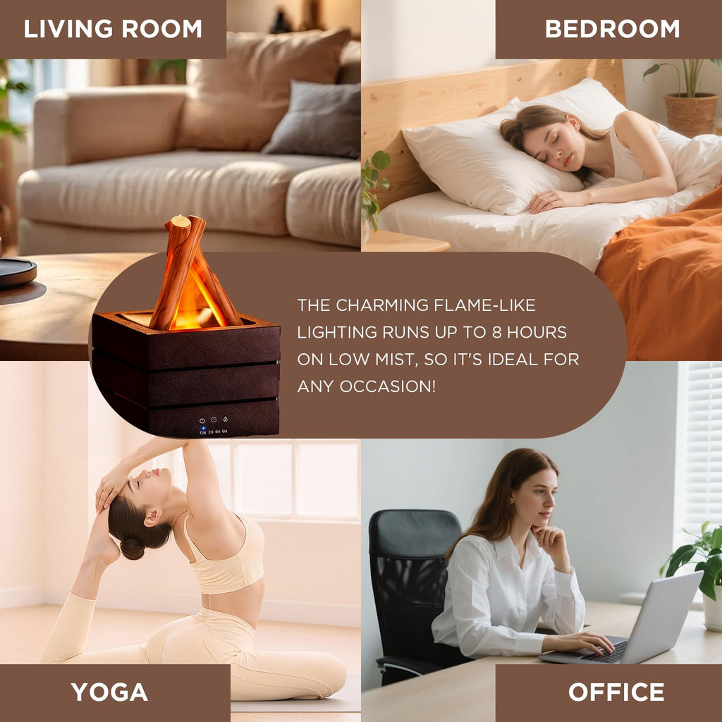 Campfire Flame Diffuser, 280ml Essential Oil Diffuser, 7-Color LED, Timer & Waterless Auto-Off, Quiet Cool Mist for Home Bedroom Office